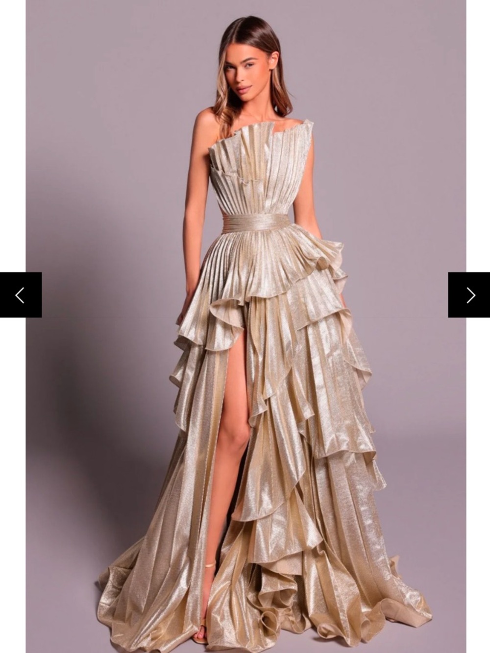 Tarik Ediz Shimmery Gold Layered Ruffle Ball Gown - Picture 2 of 6